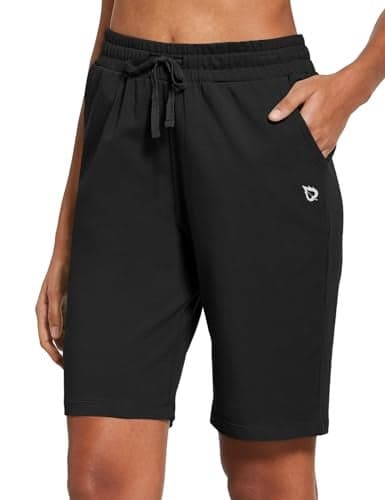 baleaf Women's Cotton Bermuda Long Shorts 10" Knee Length Loose Plus Size Drawstring Waist Sweat Shorts with Pockets Casual Summer Black Size S