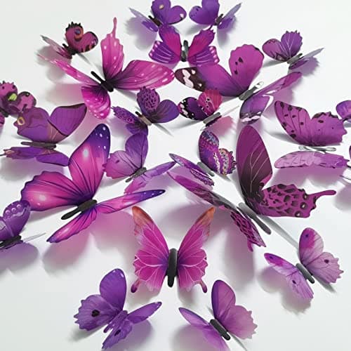 Ewong Butterfly Wall Decals 24PCS Room Decor Wall Art 3D Butterflies Mural Sticker Home Decoration Kid Girl Bedroom Bathroom Nursery Classroom Office Party Removable Decorative Purple