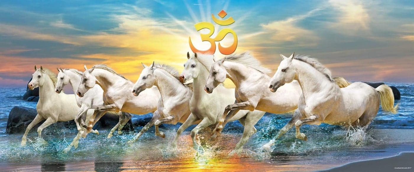 Walls and Murals 7 Horse Vaastu Wall Painting Sticker for Home 20 X 48 Inch Blue and Orange