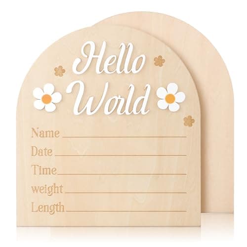 Baby Announcement Sign Cute Wooden Hello World Sign Daisy Newborn Welcome Sign Birth Announcement Sign Baby Name Plaque for Hospital Baby Shower Photo Prop Home Decoration