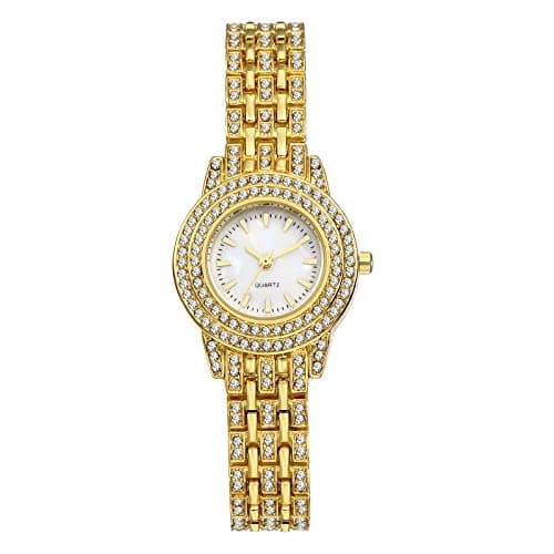 JewelryWe Women Watches Gold-Tone Iced Out Wristwatch Rhinestone Round Analaog Quartz Watch Bling Dress Watch,for Xmas Christmas