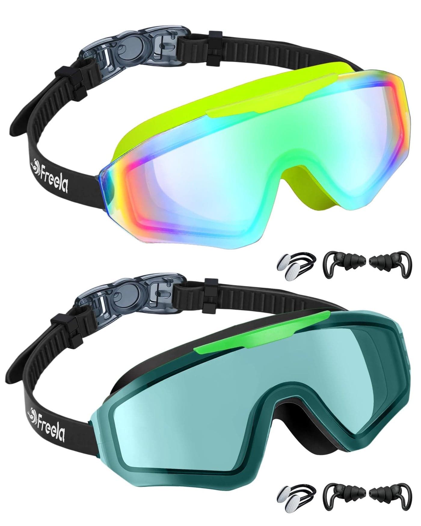 Freela 2 Pack Kids Swim Goggles for 6-14 8-12 8-14 4-7, Water Pool Swimming Goggles Anti-Fog 180° Wide View UV Protection, Soft Silicone Layer Waterproof No Leak Glasses for Teens Youth Boys Girls