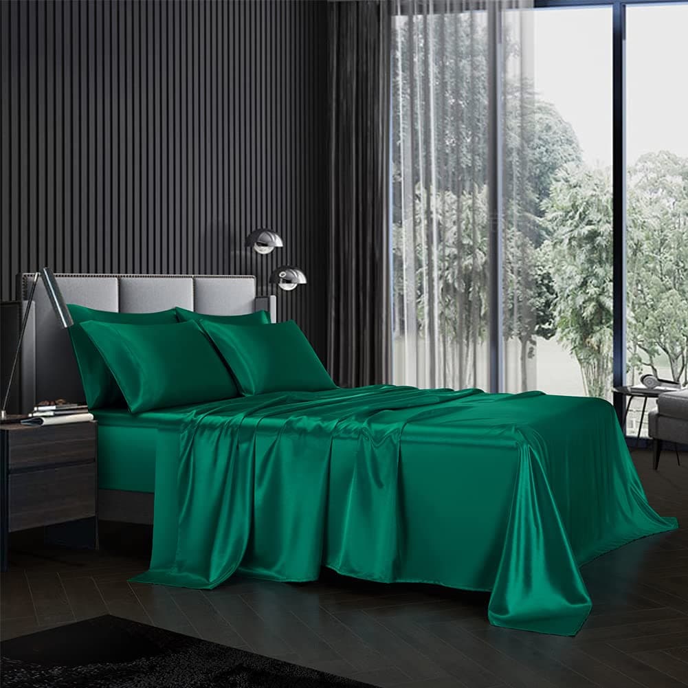 AiMay 6 Piece Satin Bedding Sheet Pillowcase Set Deep Pocket Luxury Rich Silk Silky Super Soft Solid Color Sexy Honeymoon StainResistant Wrinkle Free QueenBlackish Green