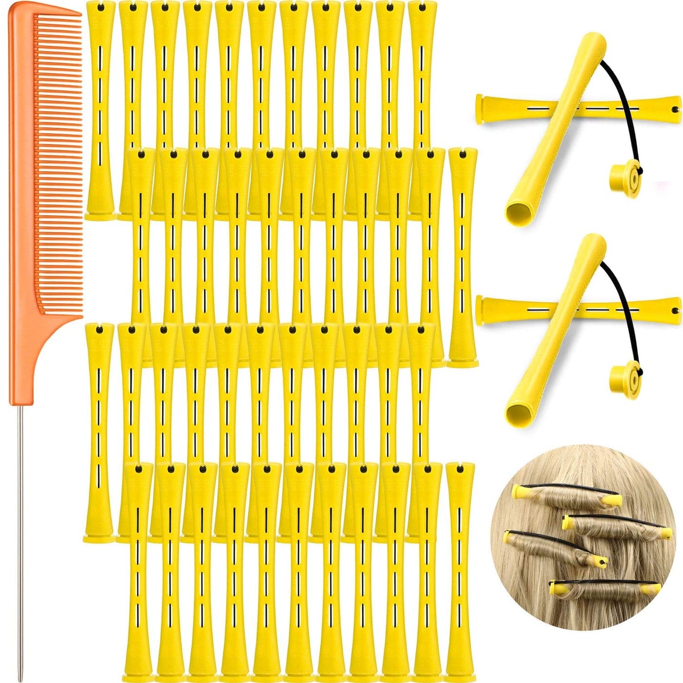 48 Pieces Plastic Curlers with Steel Pintail and Rat Tail Combs for Cold Wave Perming and Hairdressing Styling Yellow and Orange 028 Inch 07 cm