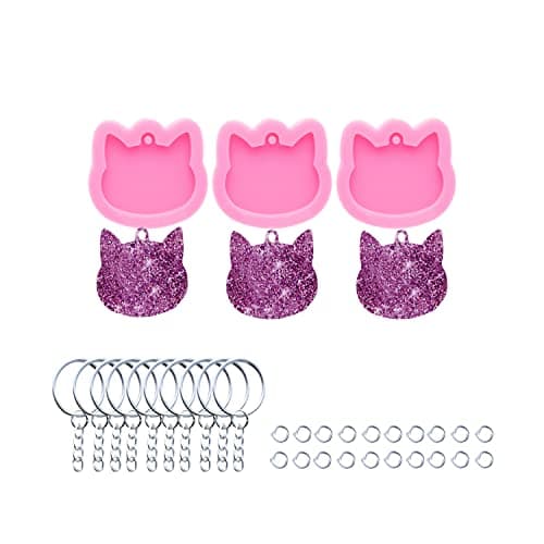 AMZTOART 3pc Shiny Pet Cat Tag Mini Cat Head Resin Silicone Molds, Keychain Mould Crafts Epoxy Art DIY Handmade Mold with 10PC Key Ring(DY0869+DY0869+DY0869)