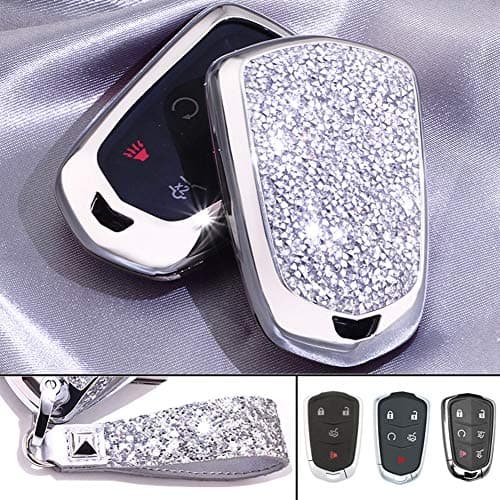RoyalfoxTM 4 5 6 Buttons 3D Bling keyless Entry Remote Smart Key Fob case Cover for 20162019 Cadillac CT6 20172019 XT5 20142019 CTS 20152019 XTS SRX ATS Accessorieswith Keychain Silver