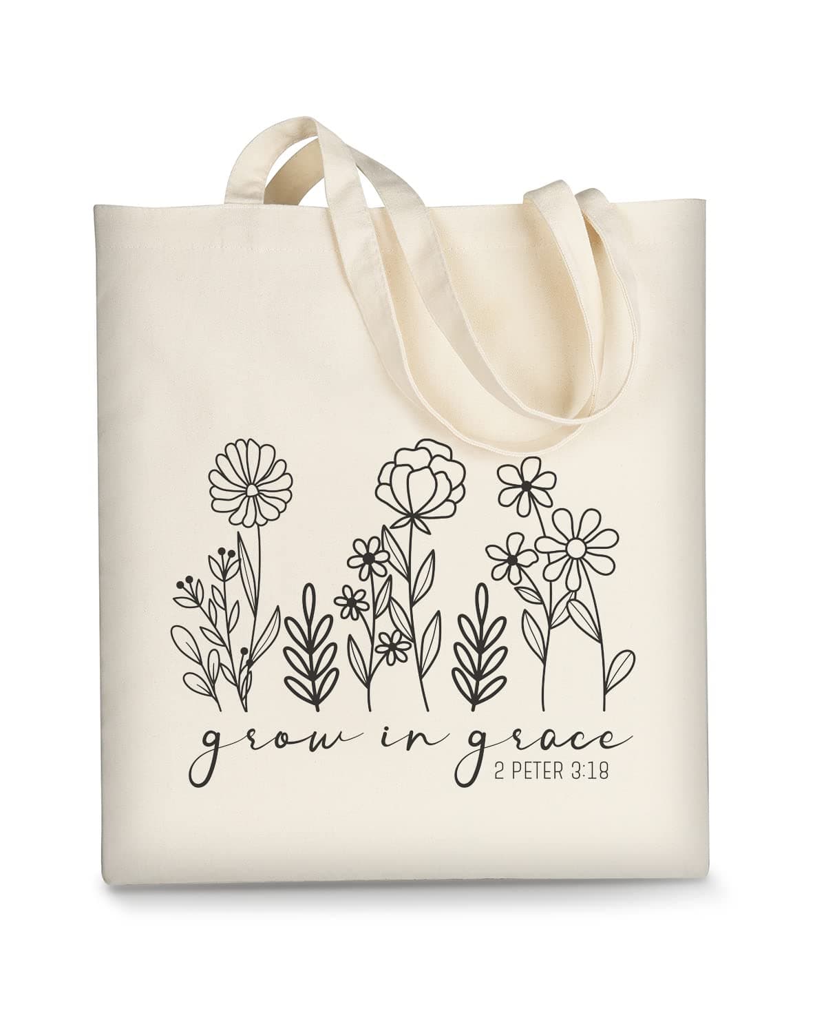 AUSVKAI Canvas Tote Bag Aesthetic for Women Cute Trendy Grow in grace Reusable Cotton Bags with Handle for Grocery Shopping Beach