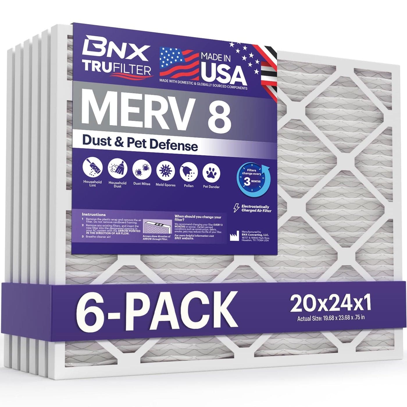 BNX TruFilter 20x24x1 Air Filter MERV 8 6Pack MADE IN USA Dust Pet Defense Electrostatic Pleated Air Conditioner HVAC AC Furnace Filters for Dust Pet Mold Pollen MPR 600 700 FPR 5