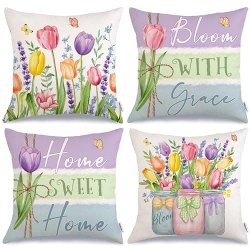 GEEORY Spring Summer Throw Pillow Covers 18x18 Inch Set of 4 Floral Tulips Mason Jars Bloom with Grace Seasonal Decorative Farmhouse Decoration for Home G51218