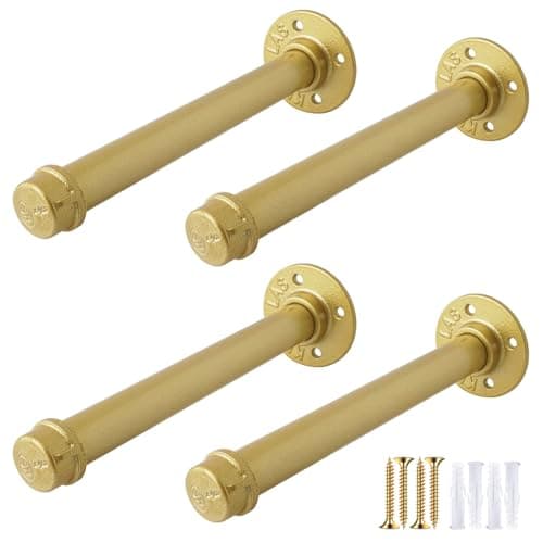 OVOV Gold Industrial Pipe Shelf Brackets Heavy Duty Pipe Floating Shelf Bracket Rustic Wall Mounted Shelving Support for Wood Board (10 Inch 4 Pack)