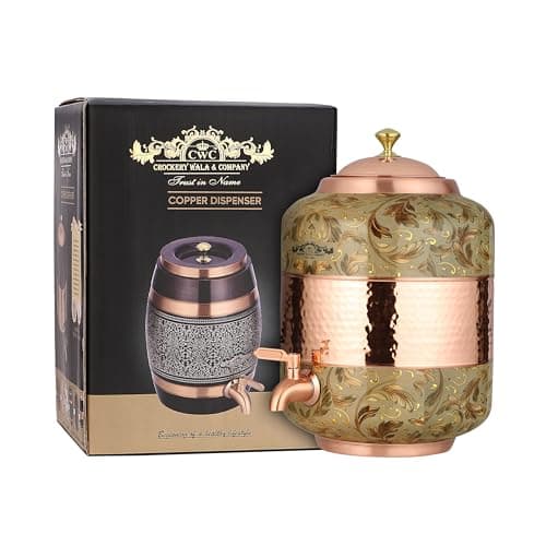 cWc CROCKERY WALA & COMPANY Copper Water Dispenser – 8 litres | Decorative Damask Pattern | Gold Finish | Leak-Proof Tap | Heavyweight Ayurvedic Tamra Jal Pot for Home & Office