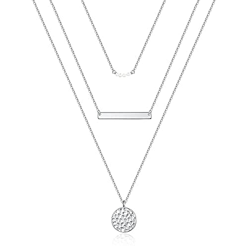 Silver Necklace for Women - Dainty Layering Simulated Pearls Bar Necklace Hammered Disc Pendant Silver Layered Necklaces for Women
