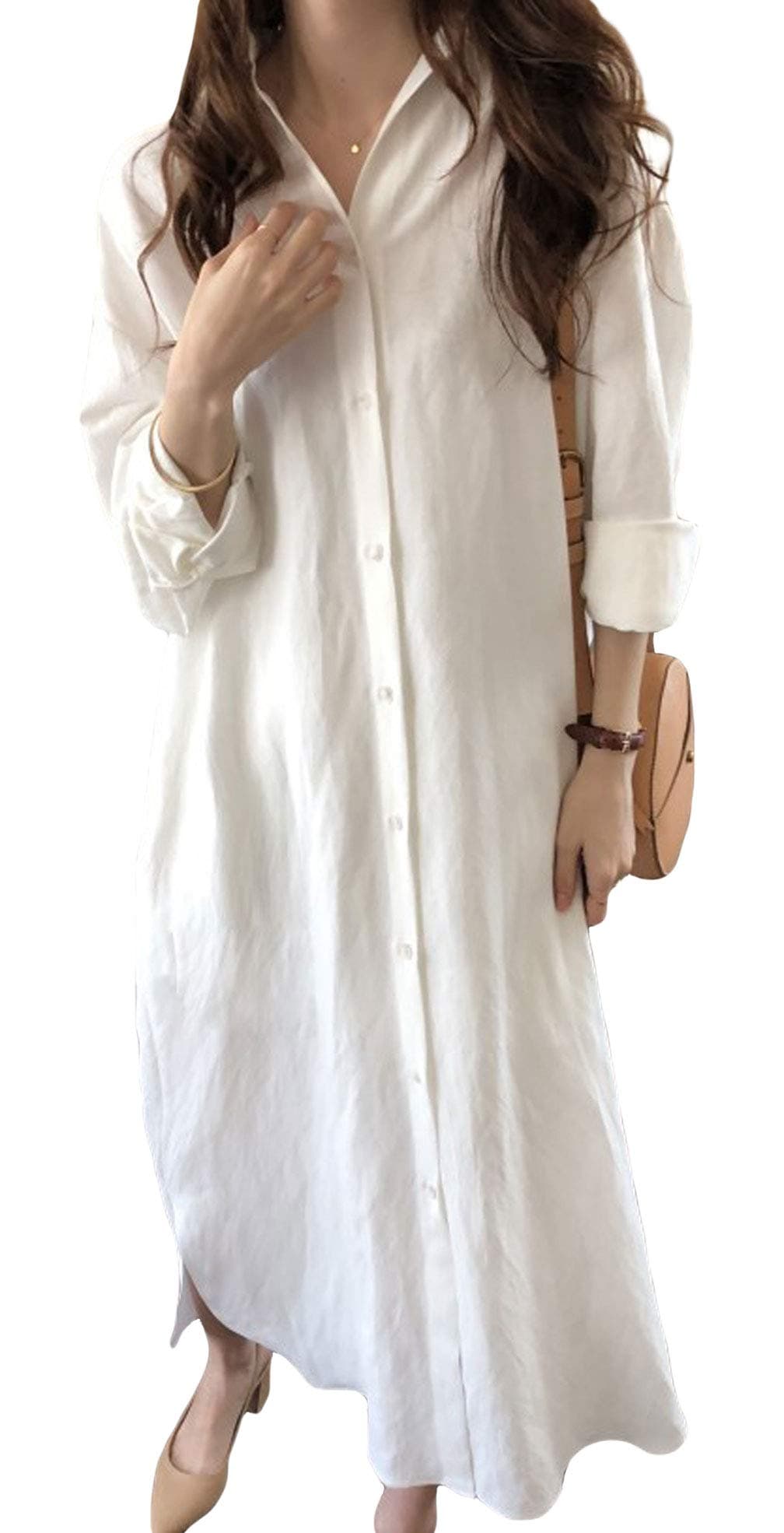 GGUHHU Womens Chic Button Down Rolled-Up Sleeve Long Cotton Blouse Maxi Dress (Small, White)
