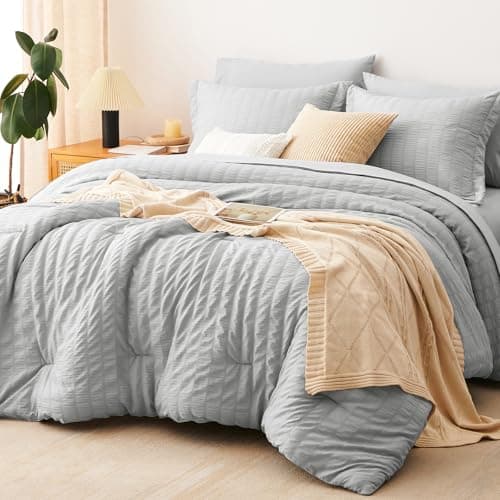 CozyLux Oversized King Comforter Set Light Grey Seersucker 7 Pieces 120x98 Bed in a Bag Comforter Set with Sheets, Light Gray Luxury Bedding Set Down Alternative Comforter, Sheets, Pillowcases & Shams