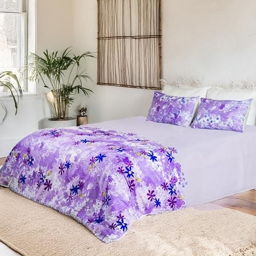 RUSTIQUE LINENS | Digitally Printed with Reactive Ink Tech | 300 TC 100% Organic Cotton Queen Premium Bedsheet Set | Ultra-Soft Satin-Like Finish | Floral Purple Paradise