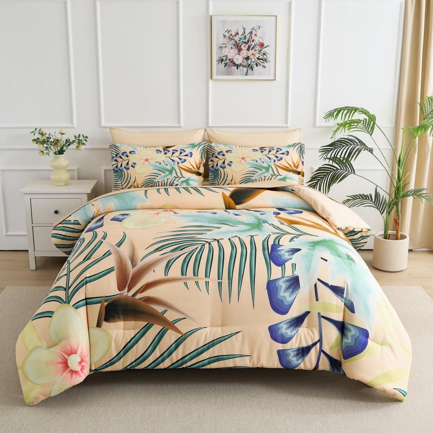 Yogeneg 7 Piece Bed in a Bag Queen Size Comforter Set Khaki Bedding SetYellow Floral Green Leaves Pattern Reversible DesignSoft Microfiber Comforter with Sheet SetAll SeasonKhakiQueen