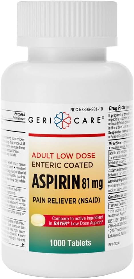 GeriCare Low Dose Enteric Coated Aspirin 81mg, Pain Reliever, 1000 Count (Pack of 1)