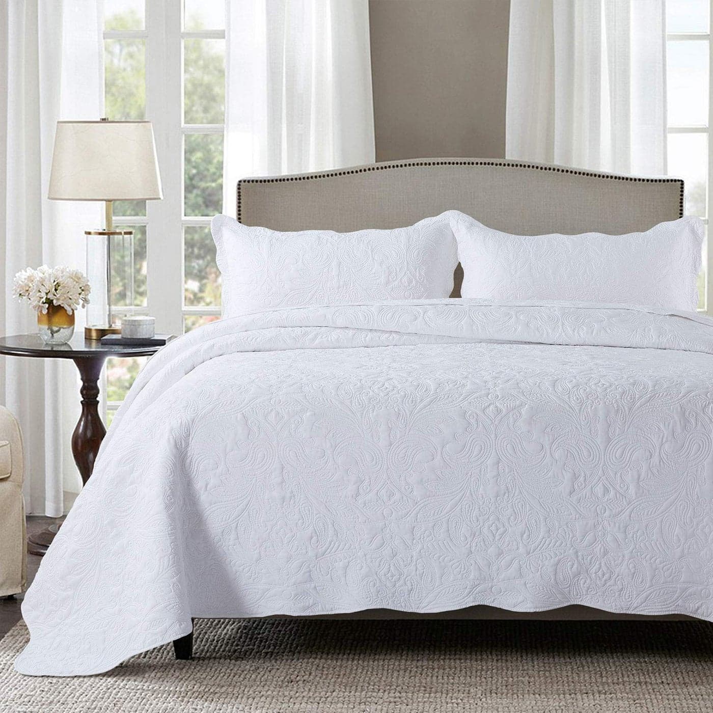 HoneiLife Quilt Set Queen Size 3 Piece Embroidered Microfiber Bedspread Reversible Coverlet Lightweight Bedcover Paisley Pattern Bedding Set All Season QuiltsWhite