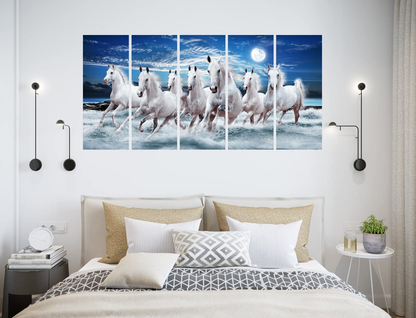 CN RETAILS Set Of 5 Scenery 3d Framed 7 Horse Wall Paintings For Living Room Vastu Big Size, Bedroom, Home Decoration, home Decor, Office (4FEET X 2 FEET) 2448_27