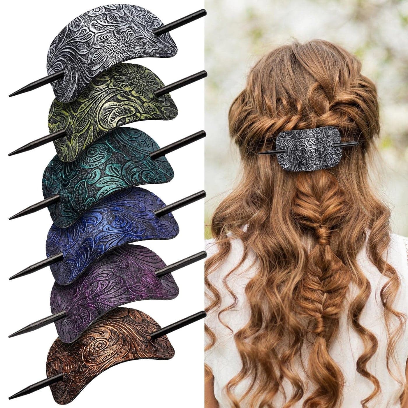 Noverlife 6PCS Leather Hair Barrettes with Stick Square Shape Hair Accessories Set Ponytail Holders Clips with Wood Slide Stick for Women Girls