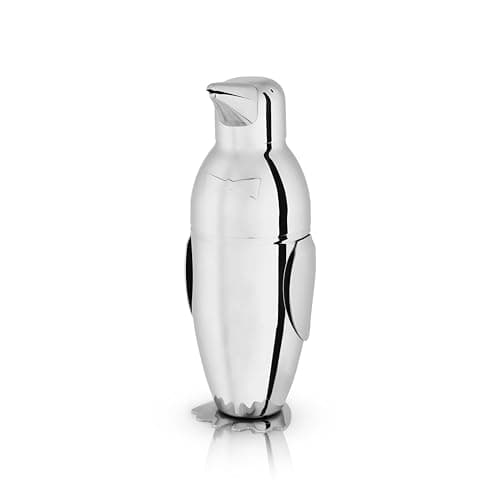 Viski Penguin Cocktail Shaker with Strainer, Stainless Steel Cobbler Shaker for Margaritas, Whiskey Sours & Other Cocktails, Bar Cart Accessories for Home Bars, Cocktail Party Essentials, 17 oz