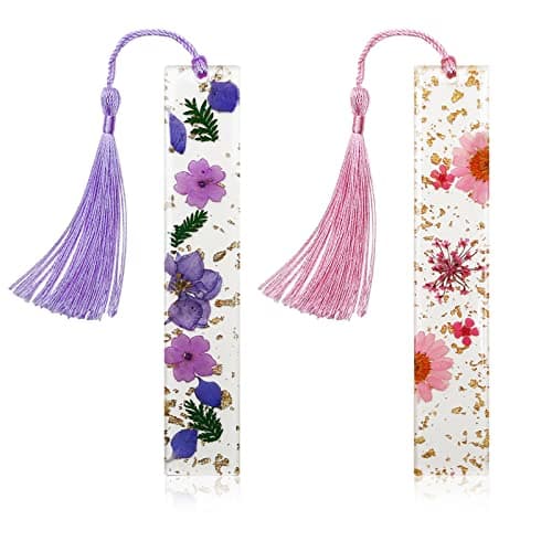 Bookmarks for Women, Kaluofan 2PCS Book Marks for Reading Women, Durable Handmade Dried Flower Resin Bookmarks with Tassels, Pretty and Increase Reading Interest
