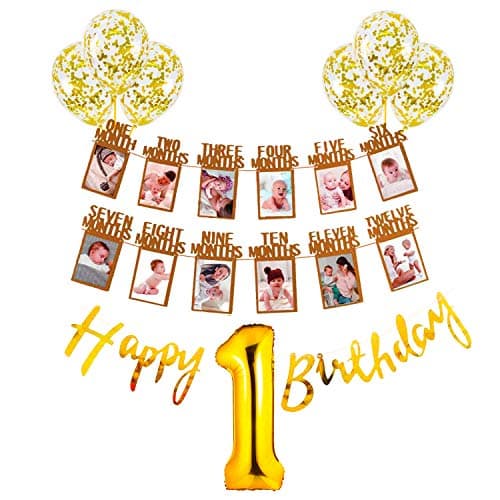 Party Propz Birthday Decoration Items for 1st Birthday - Set of 13 Pcs | 12 Months Photo Banner for Birthday(cardstock) | Confetti Balloons for Decoration | 1st Birthday Decoration for Girls