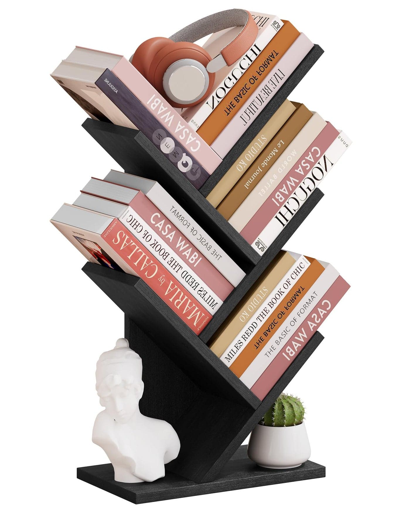 Hoctieon 4 Tier Tree Bookshelf 4 Shelf Bookcase Free Standing Tree Bookcase Display Floor Standing Shelf for Books Book Organizer Shelves for Home Office Living Room Bedroom Black