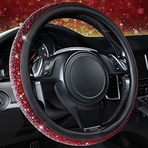 CAR PASS Bling Diamond Leather Steering Wheel Cover Bling Sparkly Crystal Glitter Rhinestones Universal Fit 14 1215 Car Wheel Protector for Women Girl Fit SuvsVansSedansTrucks Red Silver