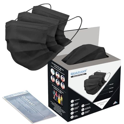 QUARANT Meltblown - SMMS Fabric 3 Ply Disposable Face Mask with Nose Clip and Reusable Travel Pouch (Black, Pack of 50) for Unisex