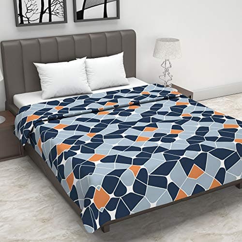 Divine Casa 120 GSM Microfiber Double Dohar | Soft & Lightweight Throw Blanket | Cozy & Breathable | All-Season Comfort | 220 x 205 CM | Geometric Pattern | Blue-Grey & Orange