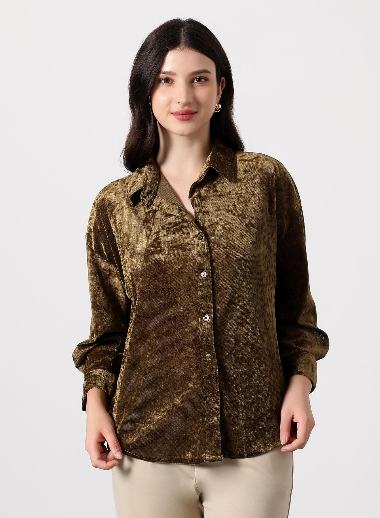 Women's Coffee Brown Solid Velvet Oversized Shirt