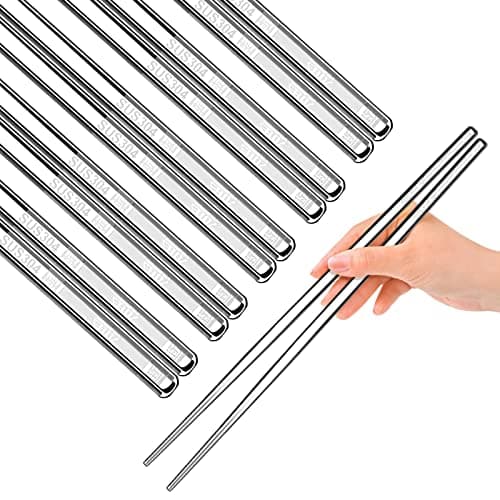Premium Stainless Steel Metal Chopsticks, Reusable Silver Chopsticks Dishwasher Safe, Square Lightweight Non-Slip Chop Sticks Easy to Use for Home Kitchen Hotel Restaurant (Stainless steel, 8.7)