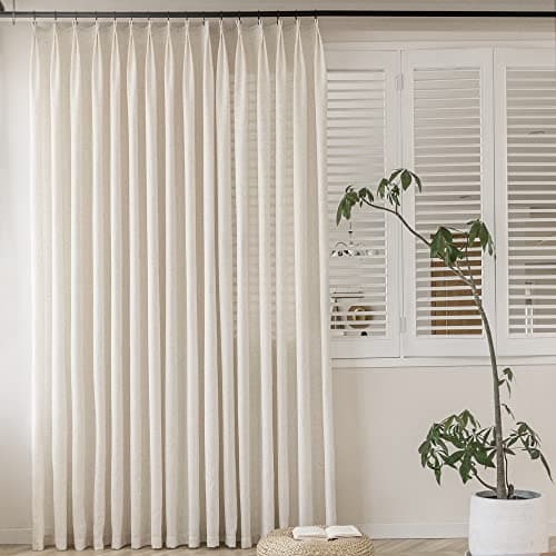 MAIHER Pinch Pleated Linen Curtains for Sliding Patio Door, 72" W x 108" L, Light Filtering Semi Sheer Pinch Pleat Drapes for Living Room, Privacy Curtain, Natural Linen, 1 Panel
