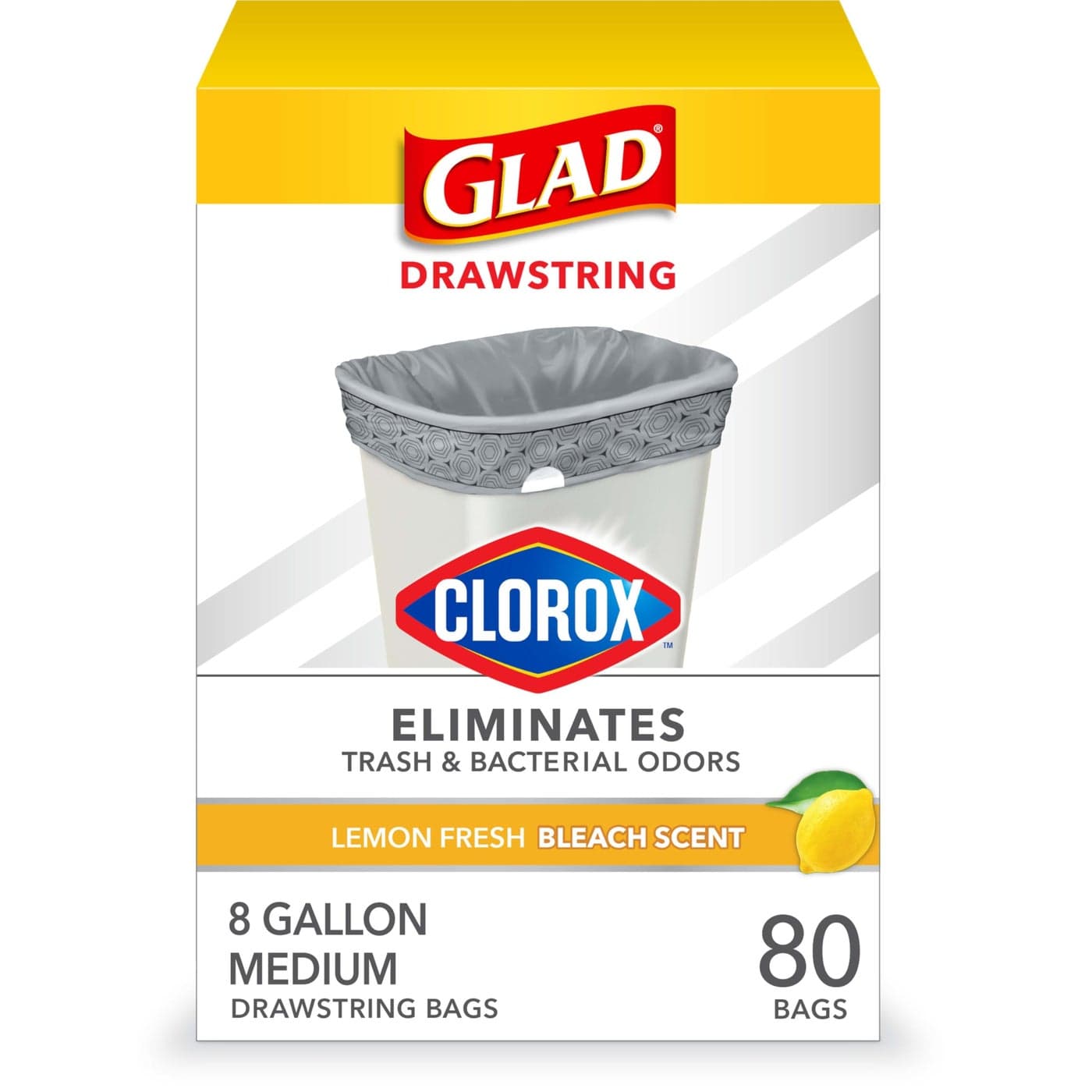 Glad Medium Trash Bags 8 Gallon Lemon Fresh Bleach Garbage Bags Resists Bacterial Odors with Drawstring 80 Count