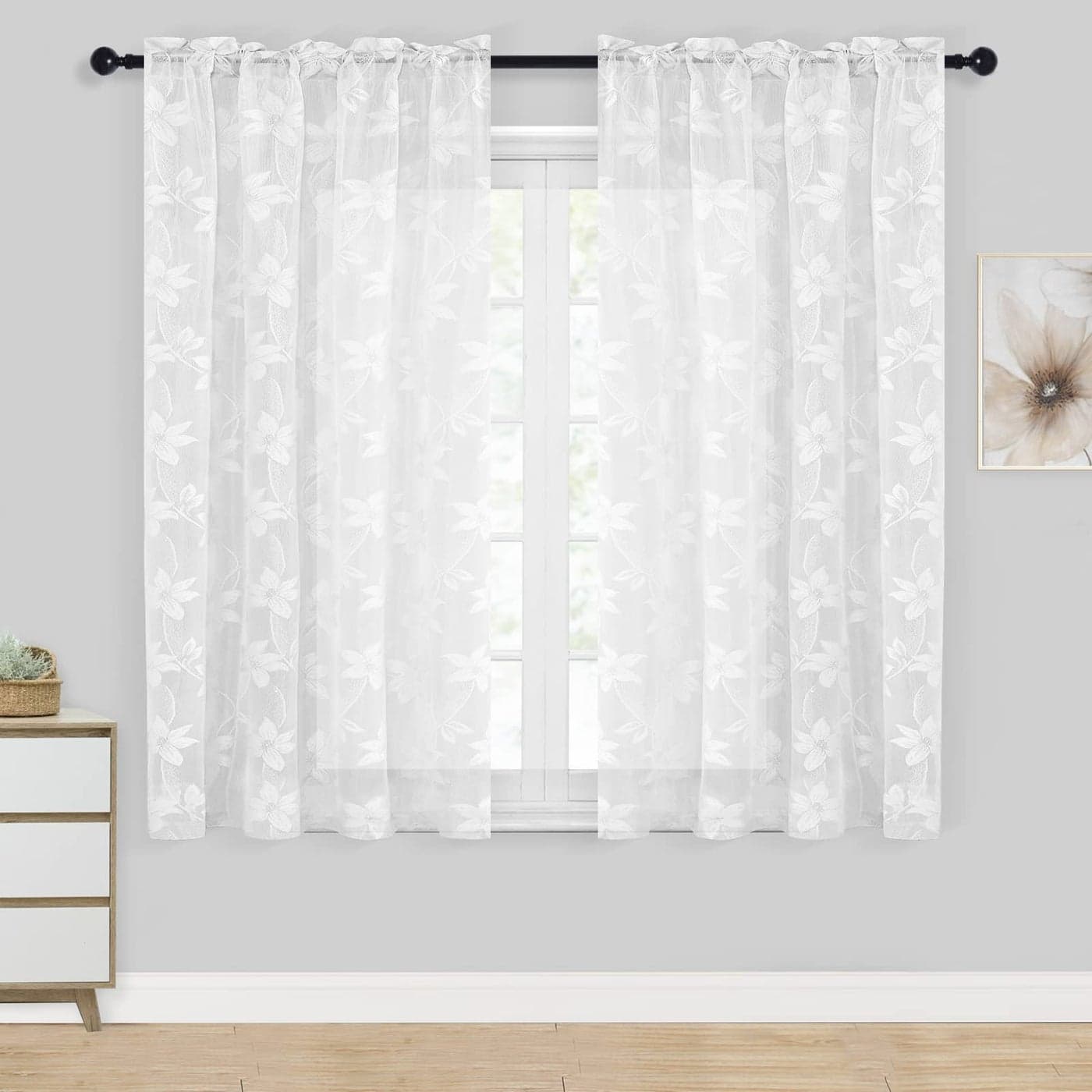 DWCN White Short Sheer Curtains for Kitchen Floral Lace Design Rod Pocket Window Voile Sheer Drapes for Living Room Kitchen Short Curtains 42 x 45 inch Length Set of 2 White
