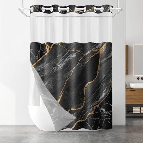 SSCRCUSLY No Hook Shower Curtain with Snap in Liner Set, Black Marble Design, Waterproof Washable Fabric Hotel Shower Curtains for Bathroom Decor with See Through Mesh Top Window 71x74 Inch