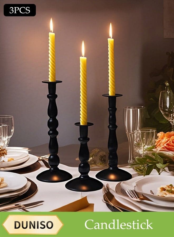 3 Pcs Candle Holders,Taper Candle Holder,Vintage Metal Candlestick Holders,Sturdy and Durable,Suitable for Decoration in Restaurants, Dinners, and Parties,Black