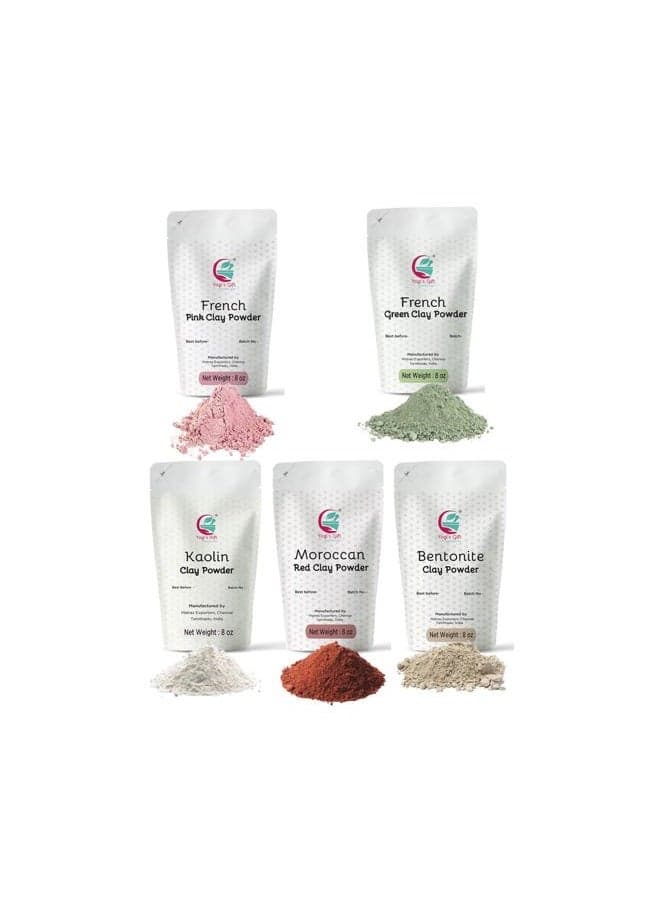 Pack of 5 Clays For Mask Making & Soap Making | Rose Clay, French Green Clay, Kaolin Clay, Moroccan Red Clay and Bentonite Clay | 8oz Each | Best Variety Pack For DIY Projects | By Yogi's Gift ®
