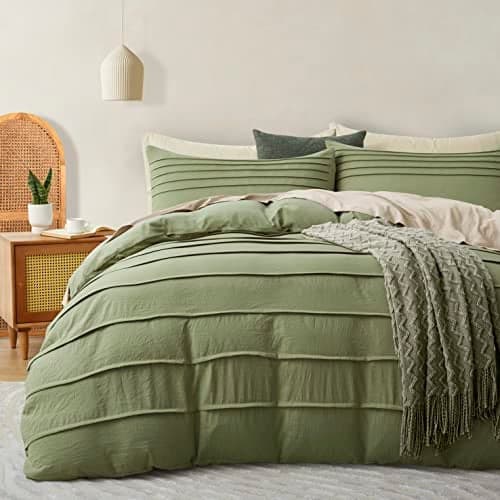 Oli Anderson Sage Green Duvet Cover King Size - Pleated King Duvet Cover, 3PCS Soft and Breathable Textured Bedding Set with Zipper Closure(Sage Green,104"x90")