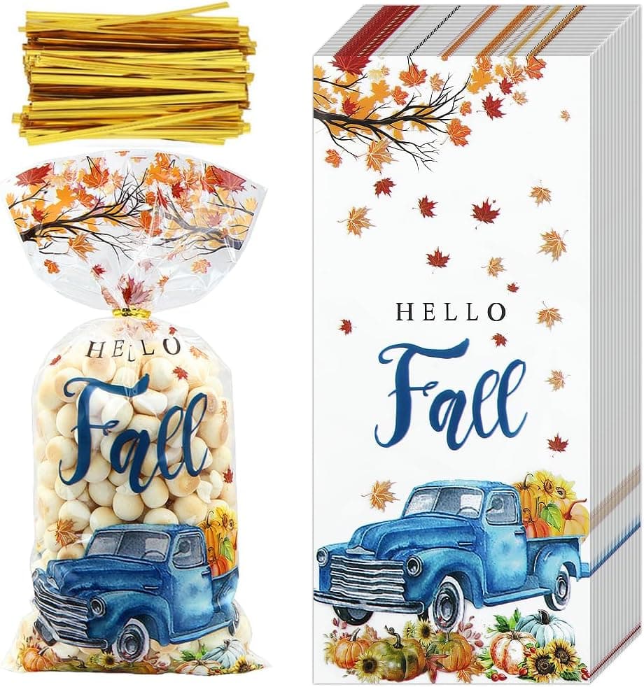 Hello Fall Gift Bags with Twist Ties100 PCS Autumn Cellophane Treat Bags Pumpkin Maple Leaves Thanksgiving Goodie Cookie Bags Plastic Clear Cello Bags for Halloween Harvest Festival Party Favor