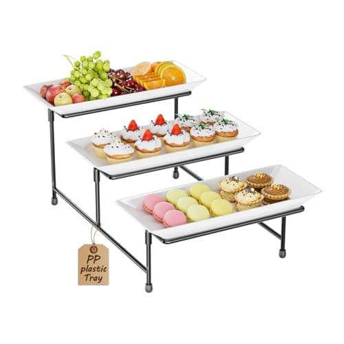 3 Tier Serving Tray for Party 128x75 BPA Free Food Grade Shatterproof Tiered Serving Platters with Steel Stand Collapsible Dessert Display for Wedding Graduation BBQ Holiday Events Black