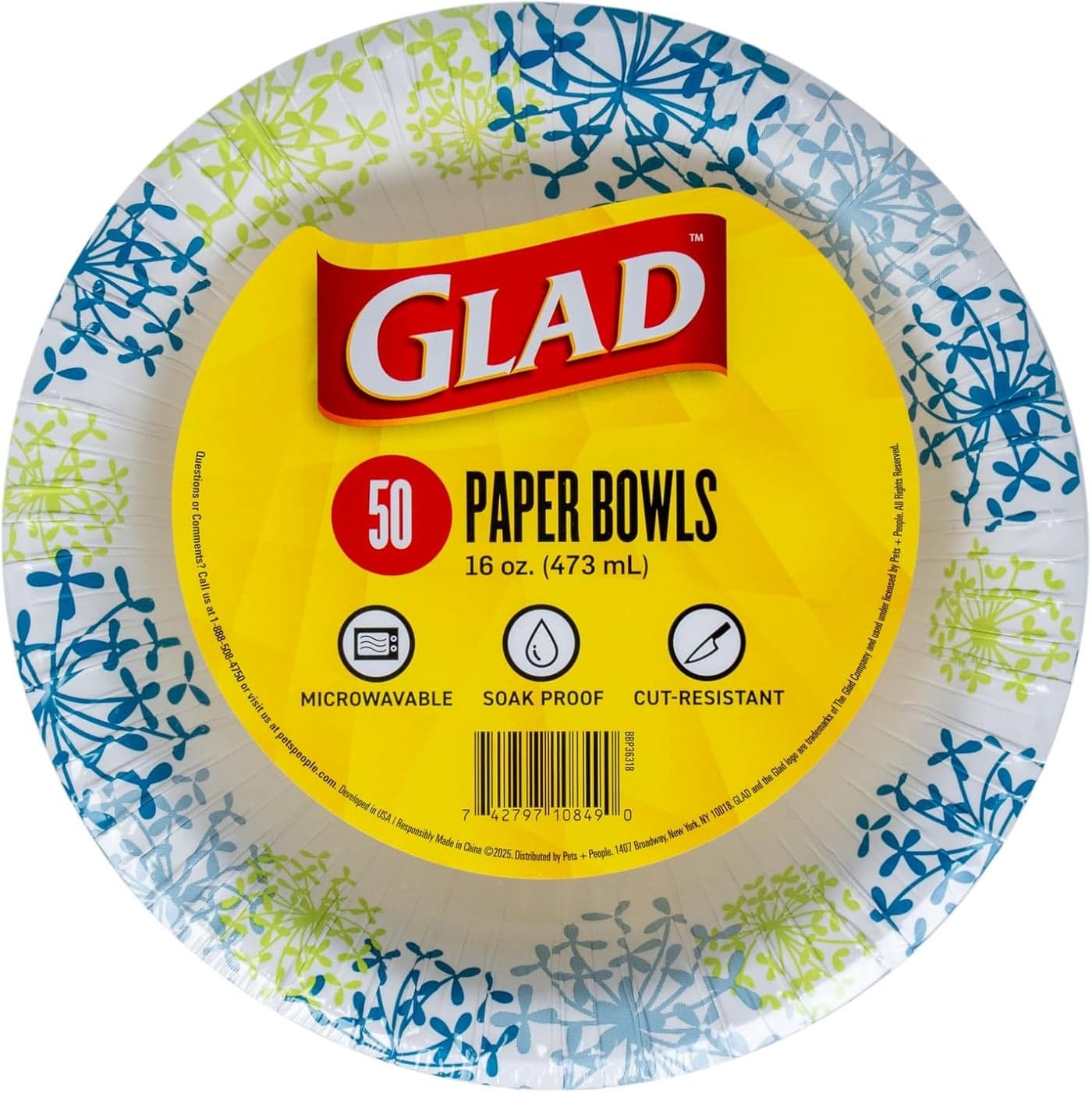 Glad Disposable Paper Bowls Blue Hydrangea Print Round Soak Proof Cut Proof Microwaveable Heavy Duty Disposable Bowls Bulk Paper Bowls for Parties Dinner Paper Plates 16 Oz 50 Count