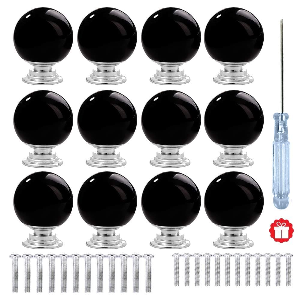ANJUU 12 Pcs 30mm Round Shape Bubble Crystal Glass Cabinet Knobs with Screws Drawer Knob Pull Handle Used for Kitchen Dresser Door Cupboard Black