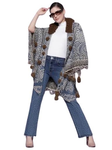 Cigain Poncho Cape with Fur Trim and Tassels, Fall Winter Striped Fringed Cape Furry Collar Knit Shawl Shawl Scarf (IN, Alpha, Free Size, Regular, Brown)