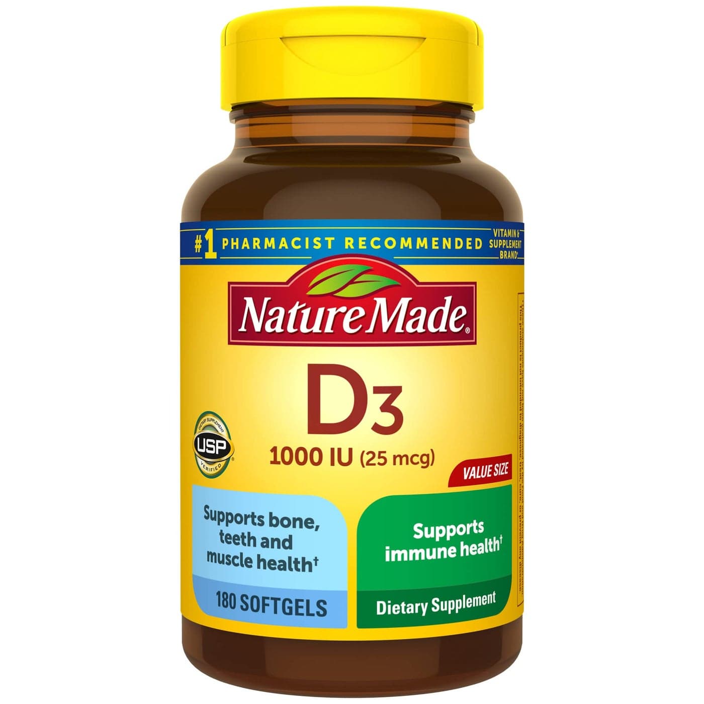 Nature Made Vitamin D3 1000 IU 25 mcg Dietary Supplement for Bone Teeth Muscle and Immune Health Support 180 Softgels 180 Day Supply