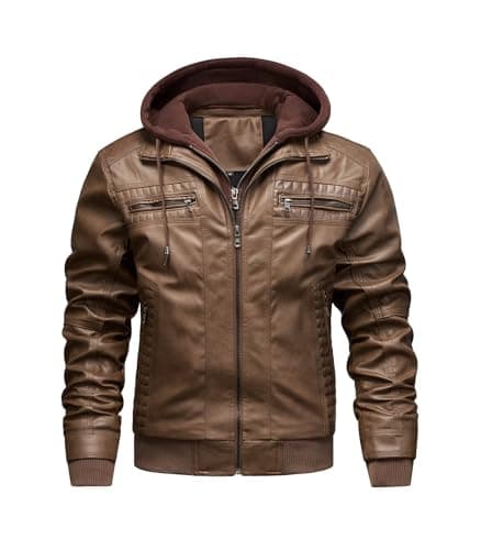 FTIMILD Men's Faux Leather Jacket Motorcycle Jacket Waterproof Windproof PU Vintage Bomber Jacket with Removable Hood
