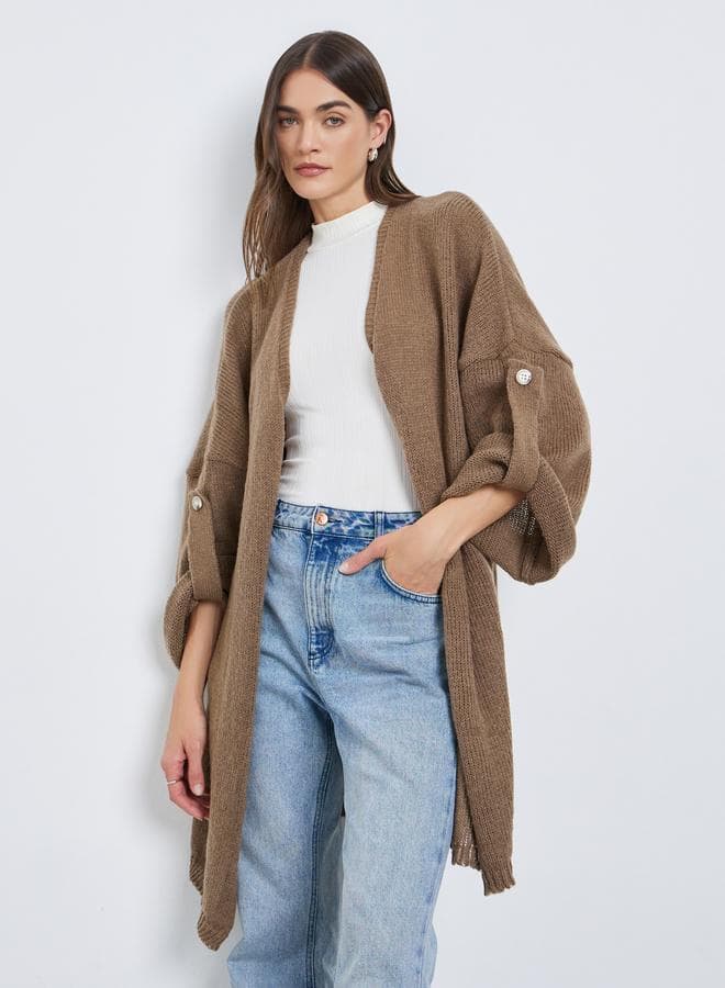 Styli Tan Brushed Yarn Longline Cardigan