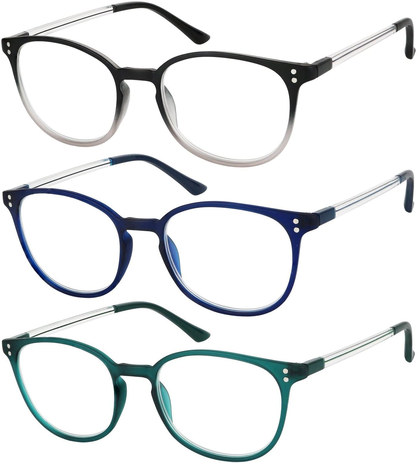 Success Eyewear Reading Glasses 3 Pair Stylish Color Readers Fashion Glasses for Reading Men Women Set of Black Navy and Green 2