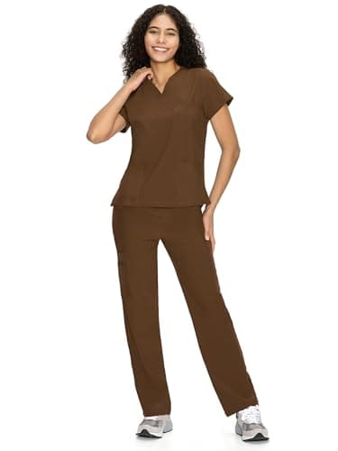 COZYFIT Scrubs for Women Set Medical Uniform - V-Neck Top & Straight Leg Pants with 9 Pockets, Wrinkle-Resistant Unisex Workwear, Brown, M